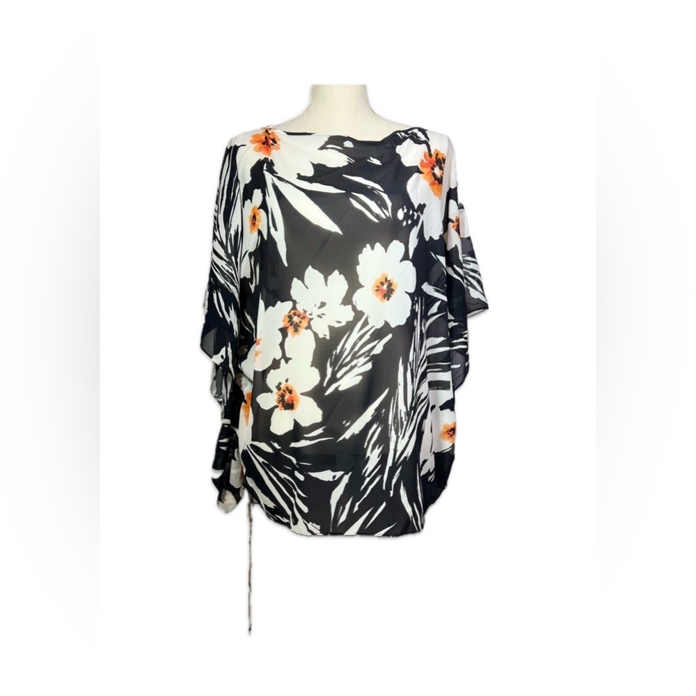 St John Collection Silk Floral Tunic Black White Orange Sheer Ruched Tie M/L